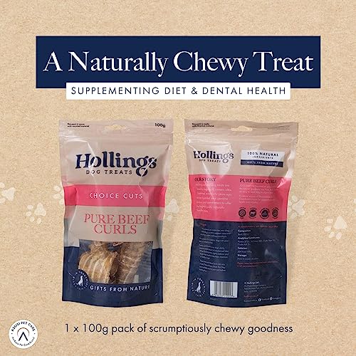 Hollings Beef Curls Dog Treats, All Natural Grain Free & Easily Digestible Air Dried Treats for Adult Dogs, Made From 100% Beef Trachea, 100 g