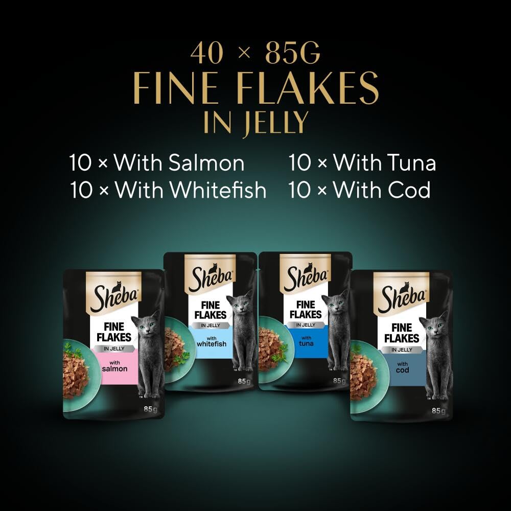 Sheba Fine Flakes in Jelly – Fish Collection – Wet cat food pouches for adult cats – 40x85g pack