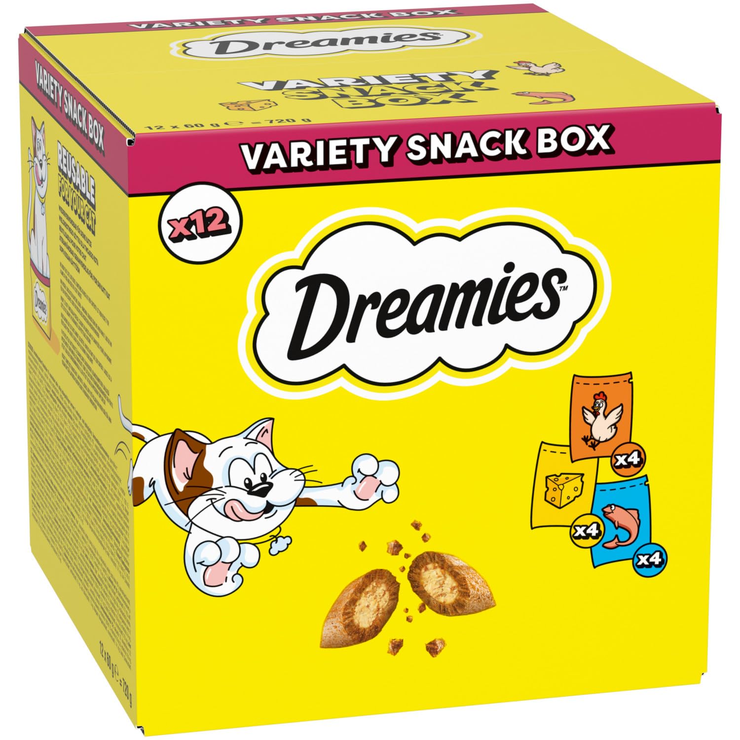 DREAMIES - Cat Treats - 12 x 60g - Multipack Biscuits - Variety Snack Box - 12 Pouches