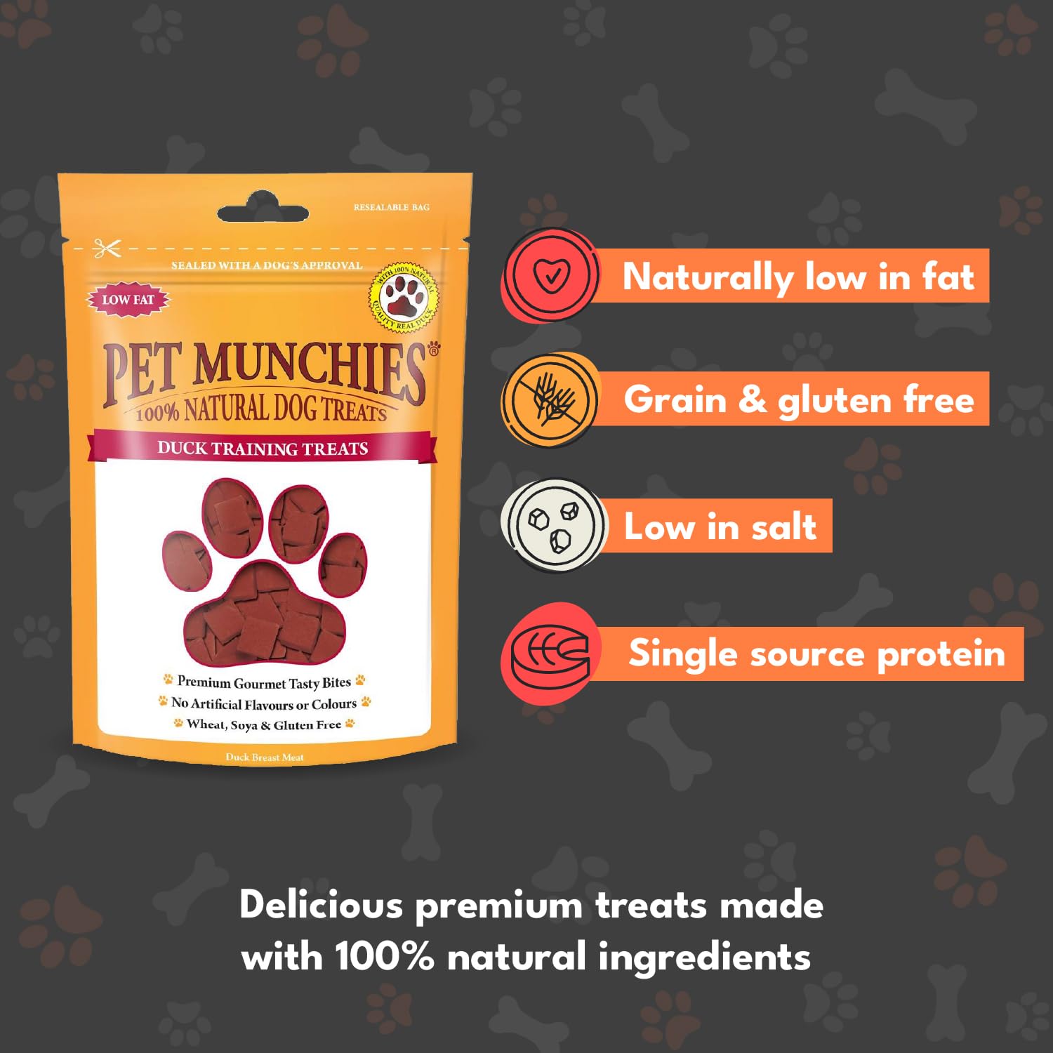 Pet Munchies Duck Dog Training Treats, Grain Free Tasty Bites with Natural Real Meat, Low in Fat 50g