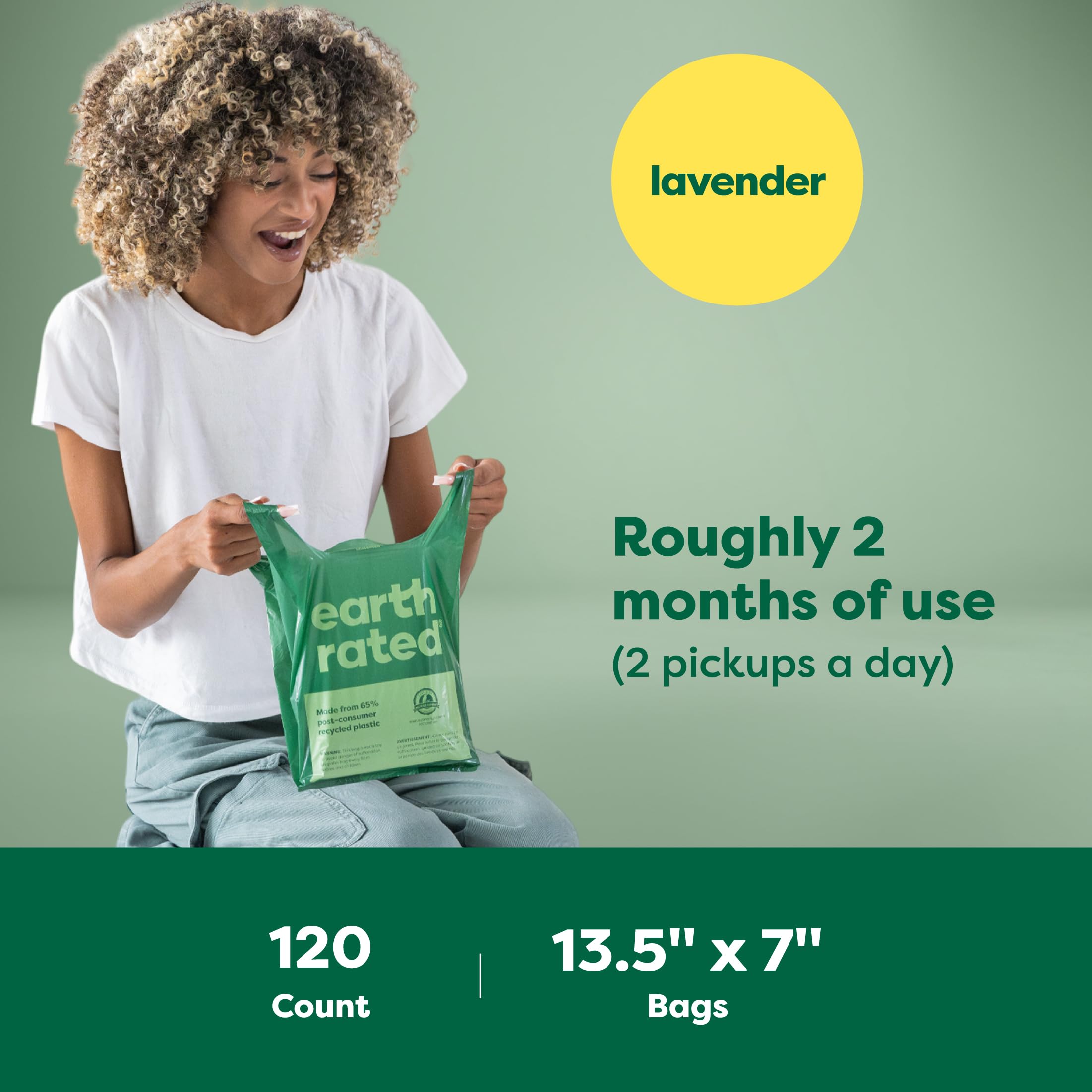 Earth Rated Dog Poo Bags with Handles, Easy Tie and Guaranteed Leakproof, Lavender Scented, 120 Handle Bags