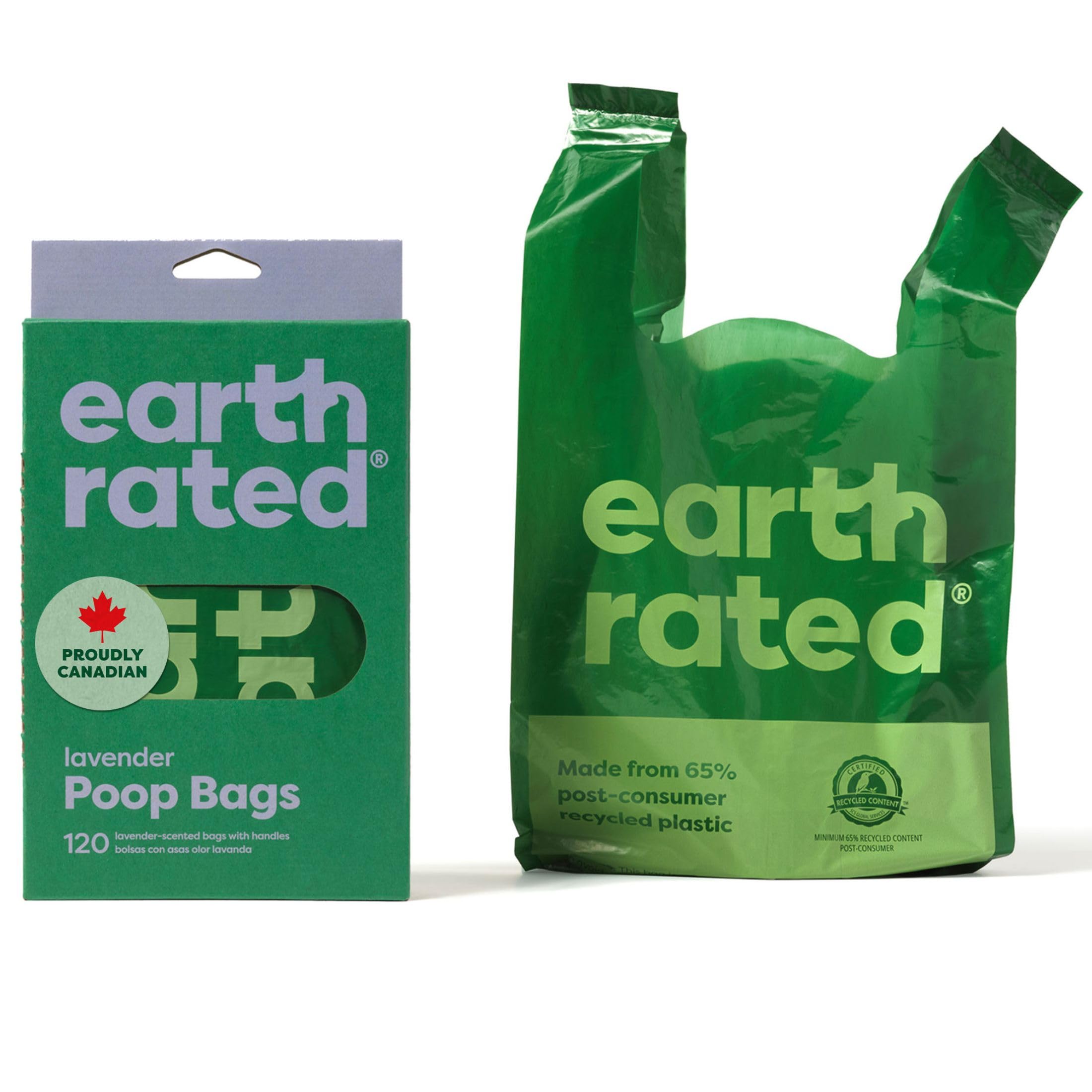 Earth Rated Dog Poo Bags with Handles, Easy Tie and Guaranteed Leakproof, Lavender Scented, 120 Handle Bags