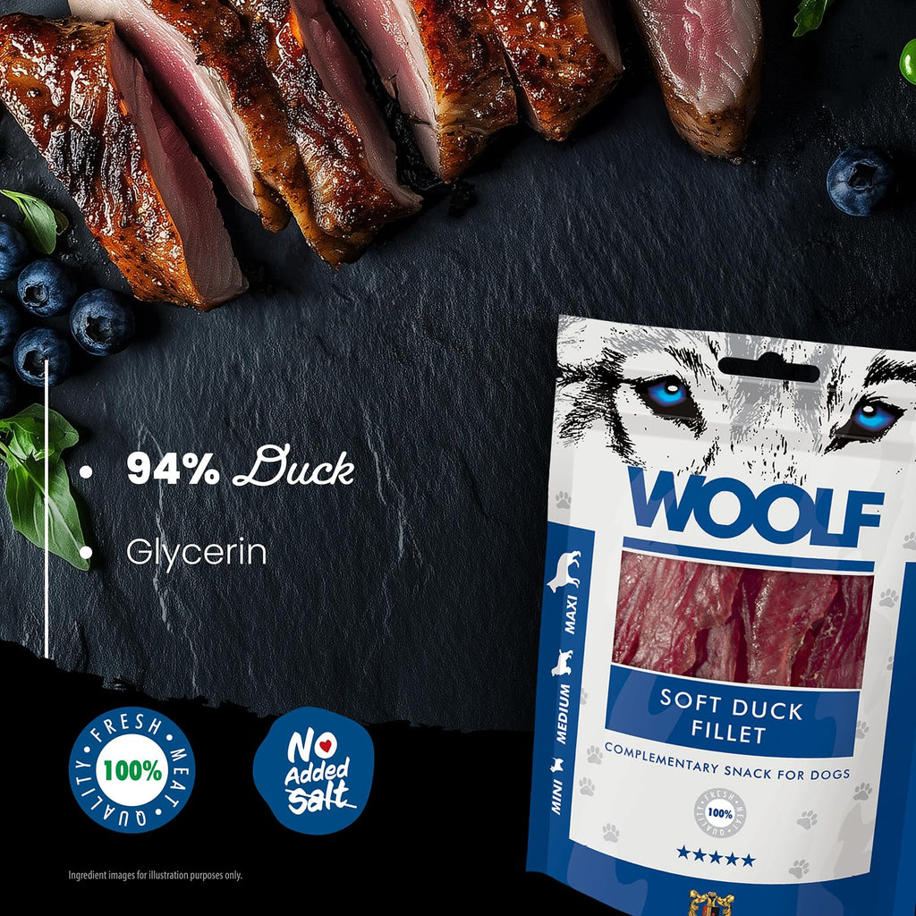 WOOLF Soft Duck Fillet Dog Treats - Complementary Snacks for Dogs. All-Natural Ingredients, High Meat Content, Nutritional, Free from Artificial Additives. Suitable for Dogs (100g)