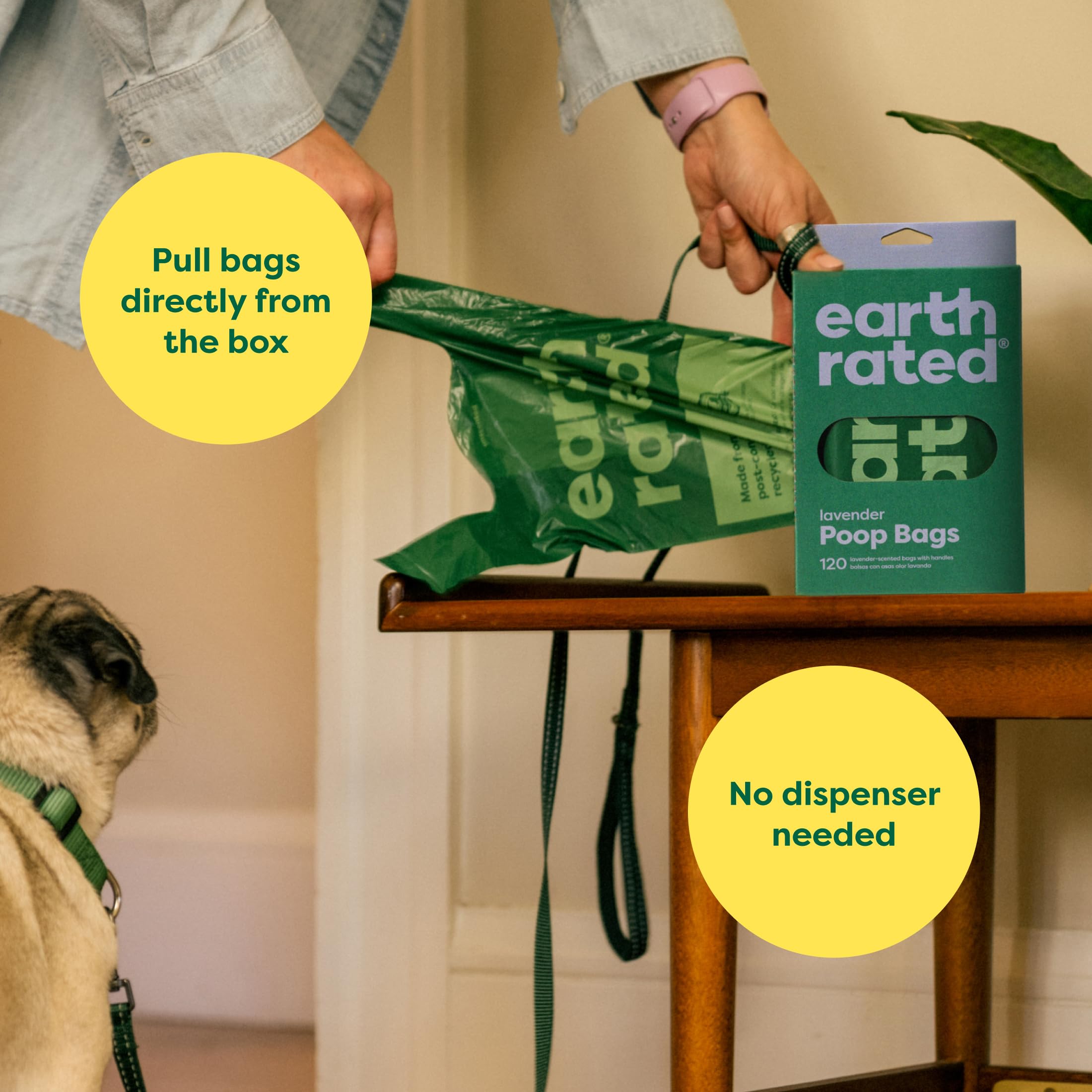 Earth Rated Dog Poo Bags with Handles, Easy Tie and Guaranteed Leakproof, Lavender Scented, 120 Handle Bags
